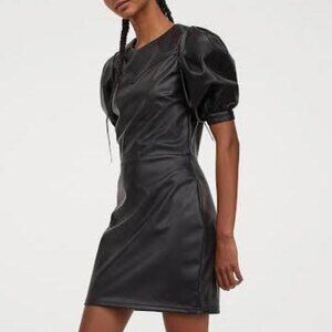 BNWT H&M Divided Black Faux Leather Puff Sleeve Mini Dress XS